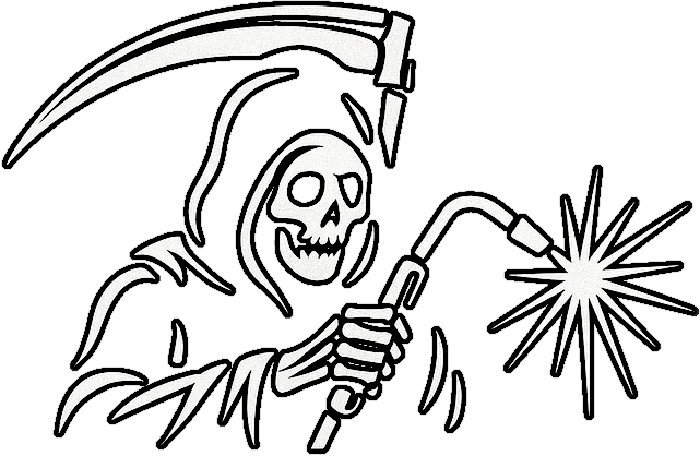 A black-and-white graphic of the Grim Reaper holding a welding torch that’s sparking, with a scythe over his shoulder.